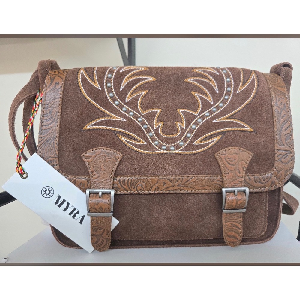 Myra Bag Amberwood Suede Leather Embroidered Crossbody Bag Chestnut Brown